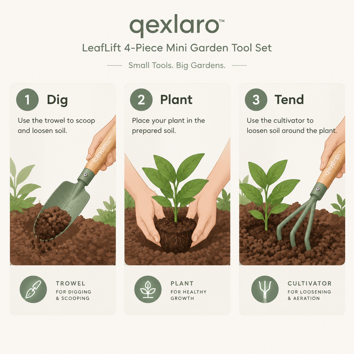 Qexlaro™ LeafLift 4-Piece Mini Garden Tool Set