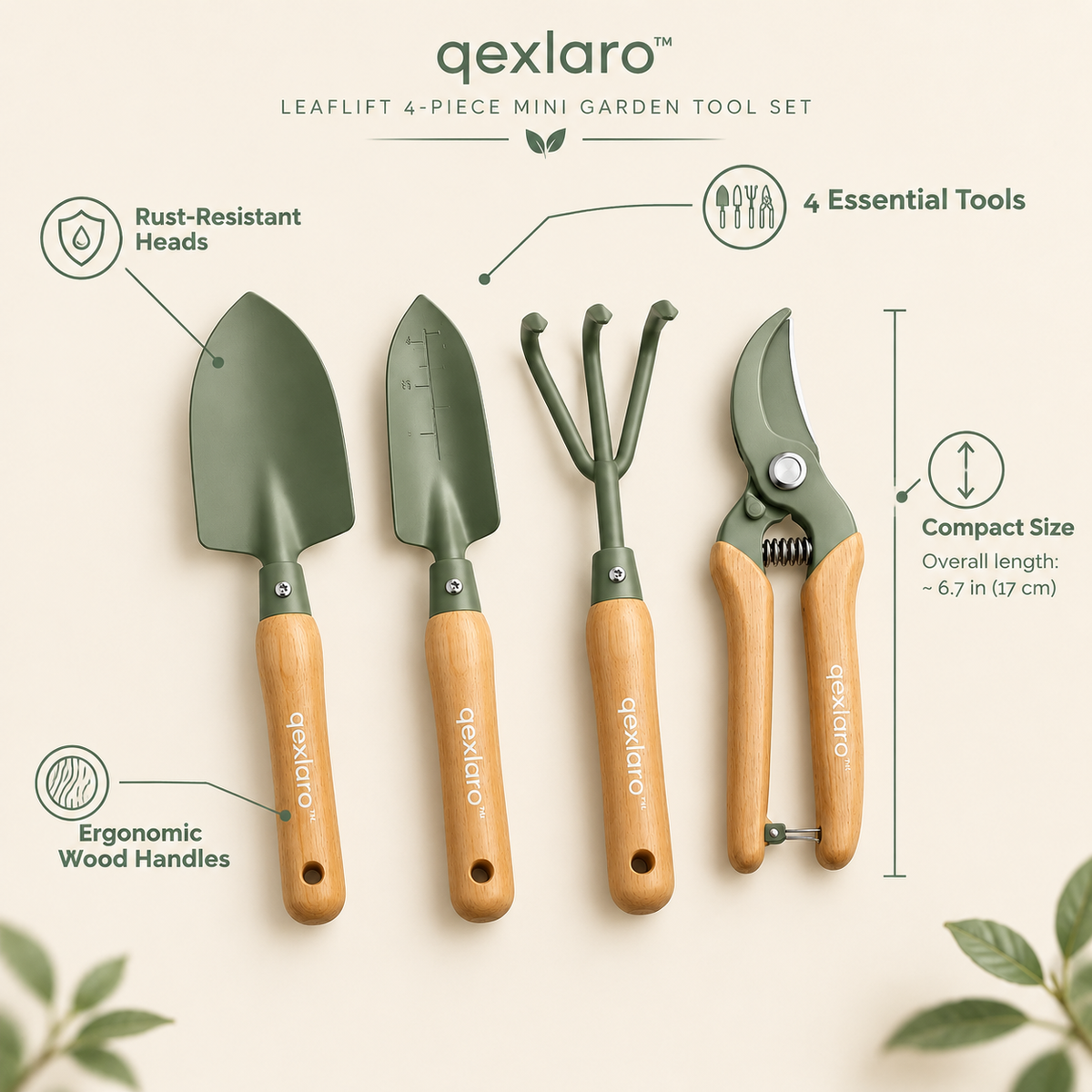 Qexlaro™ LeafLift 4-Piece Mini Garden Tool Set