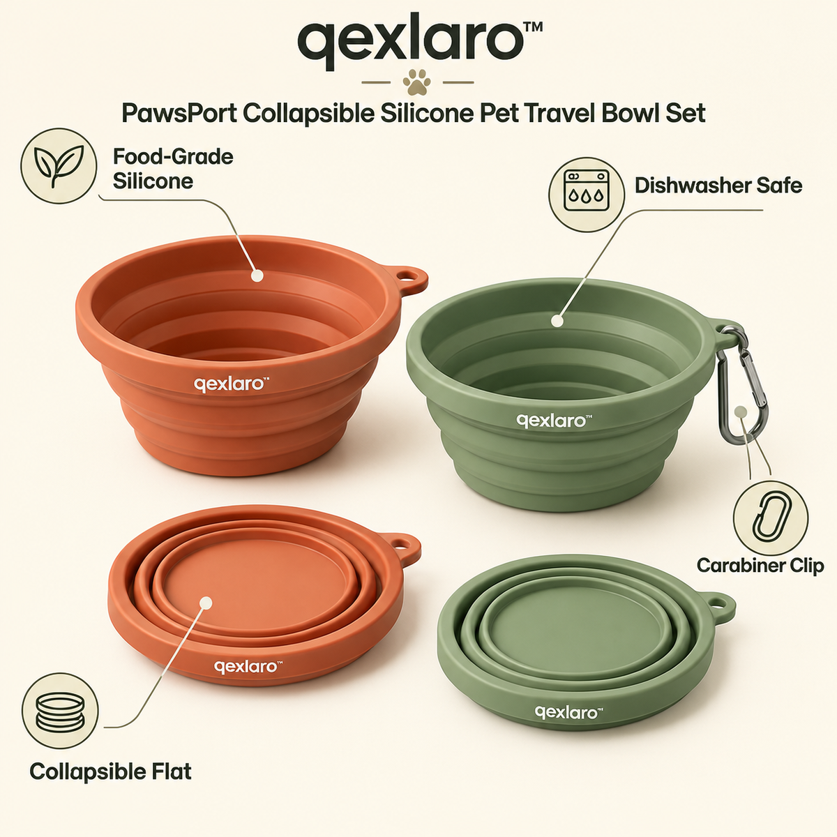 Qexlaro™ PawsPort Collapsible Silicone Pet Travel Bowl Set