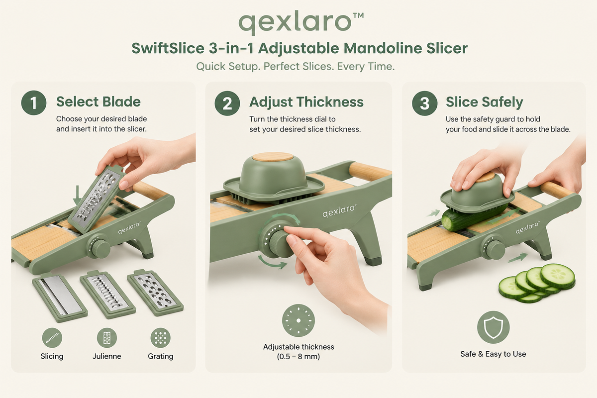 Qexlaro™ SwiftSlice 3-in-1 Adjustable Mandoline Slicer
